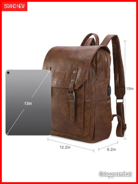 Vegan Leather Laptop Backpack with USB Port, Travel Work College Bookbag